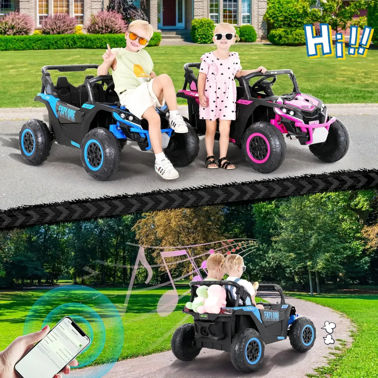 (EM-KC03) Coche eléctrico para niños de 2 plazas, UTV todoterreno 4WD, con batería de gran capacidad de 7 Ah, control remoto, cinturón de seguridad, bocina, música y luces — Para niños de 3 a 8 años (Azul)