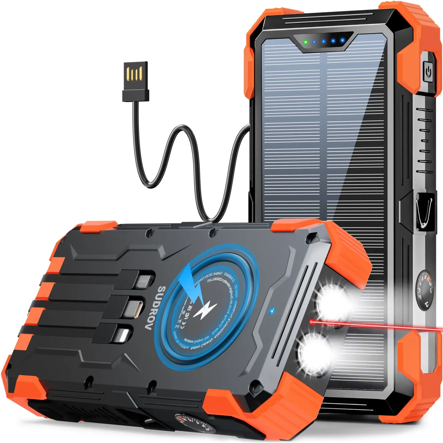 Sudrov Power Bank Solar 42800 mAh – Cargador Inalámbrico con 4 Cables Integrados, 7 Salidas, Carga Rápida de 15W, Compatible con Todos los Dispositivos Móviles, 3 Entradas, Linternas Dobles, Mosquetón y Termómetro