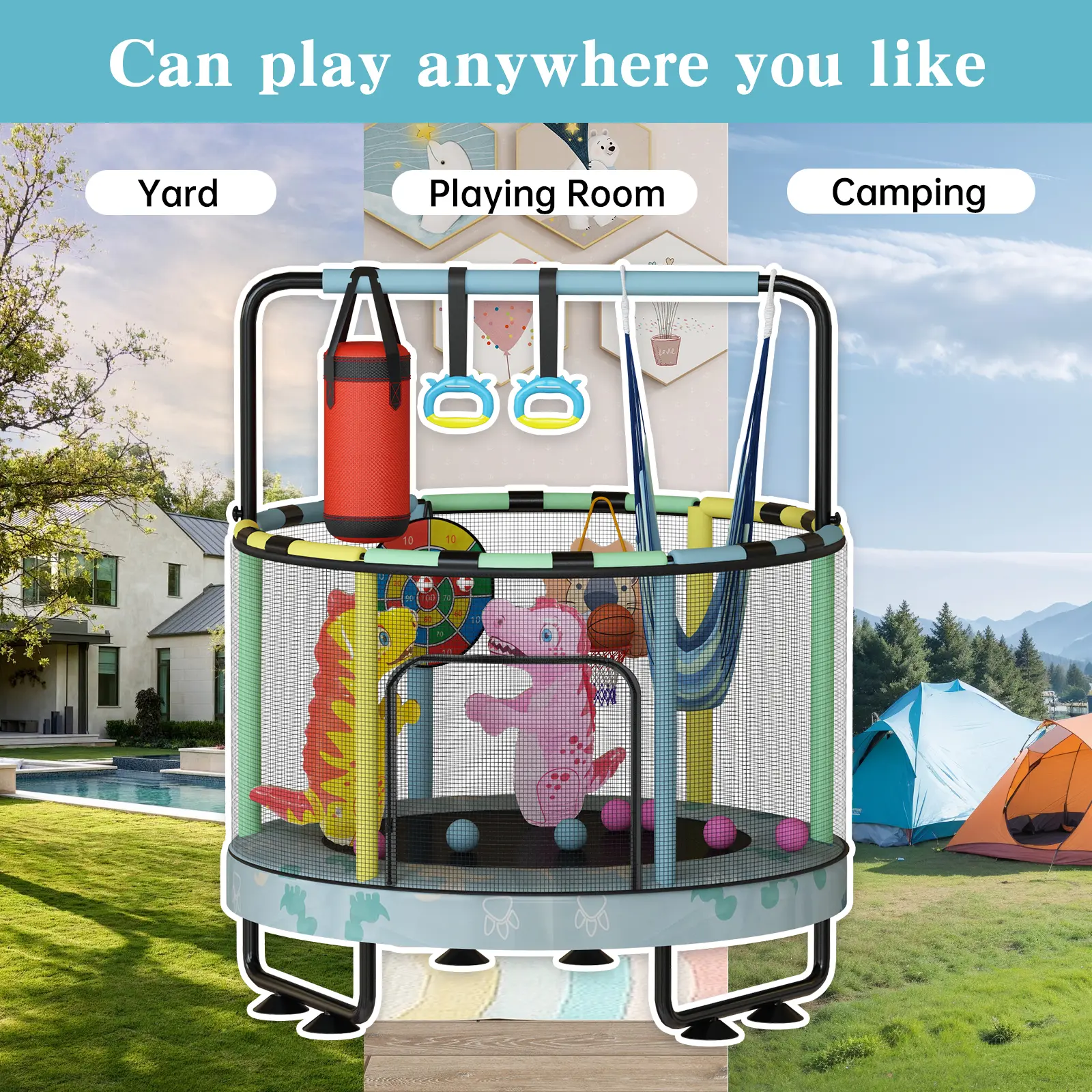 Mini Trampolín Redondo para Niños 7 en 1 – Juguetes Multifuncionales para Interior y Exterior con Aro de Baloncesto, Columpio, Anillos Colgantes, Pelotas de Océano, Bolsa de Arena, Dianas Inflables, Ideal como Regalo para Niños y Niñas, Seguro y Perfecto 