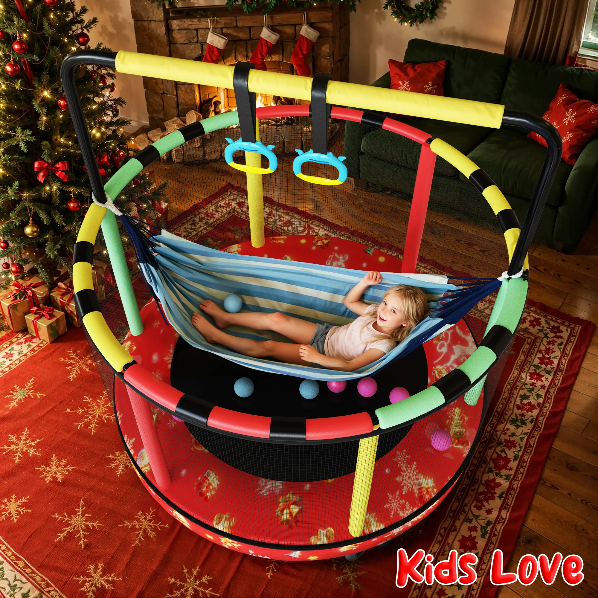 Mini Trampolín Redondo para Niños 7 en 1 – Juguetes Multifuncionales para Interior y Exterior con Aro de Baloncesto, Columpio, Anillos Colgantes, Pelotas de Océano, Bolsa de Arena, Dianas Inflables, Ideal como Regalo para Niños y Niñas, Seguro y Perfecto 
