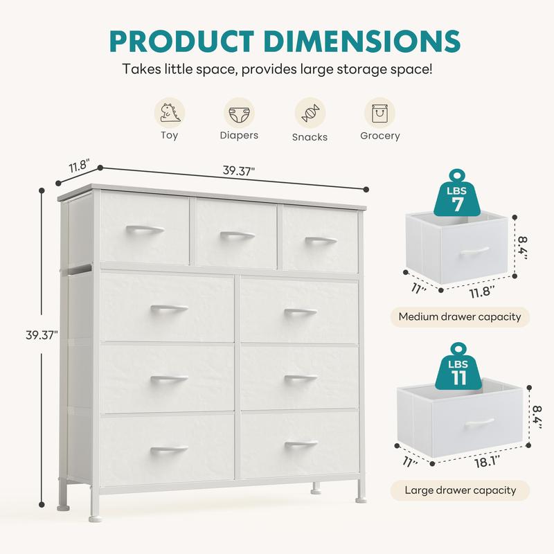 【Nuevo color】Torre de almacenamiento de tela con 9 cajones, organizador de cómoda para dormitorio, cajonera con cestas de tela, estructura de acero y superficie de madera.