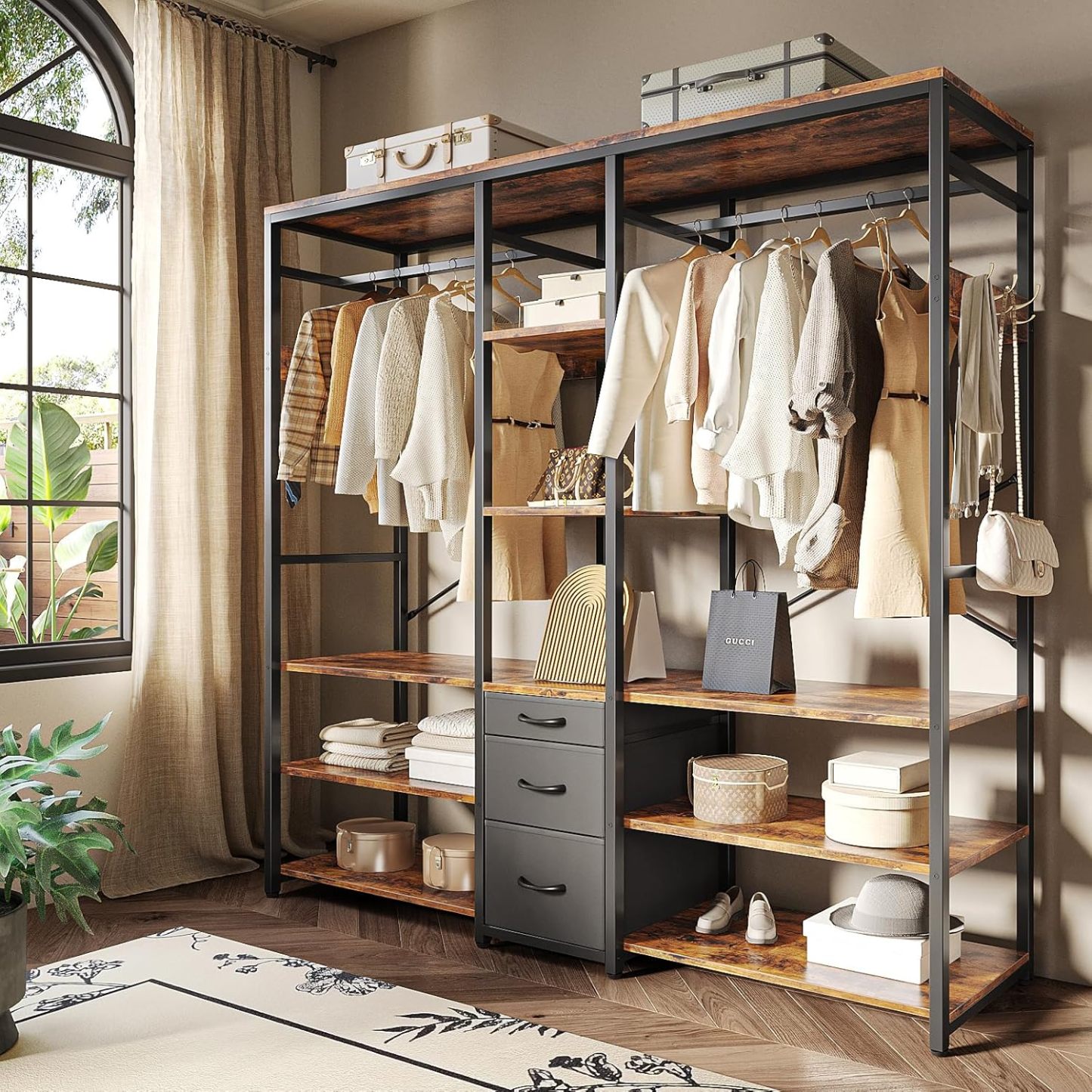 Simple Wisdom Closet Armables Para Ropa,Perchero Para Ropa Con 3 Cajones de Tela y Ganchos,Rack Para Ropa Con 8 Estantes Abiertos,Perchero Abierto Extra Grande,Closet Organizador de Ropa,183*200*40CM