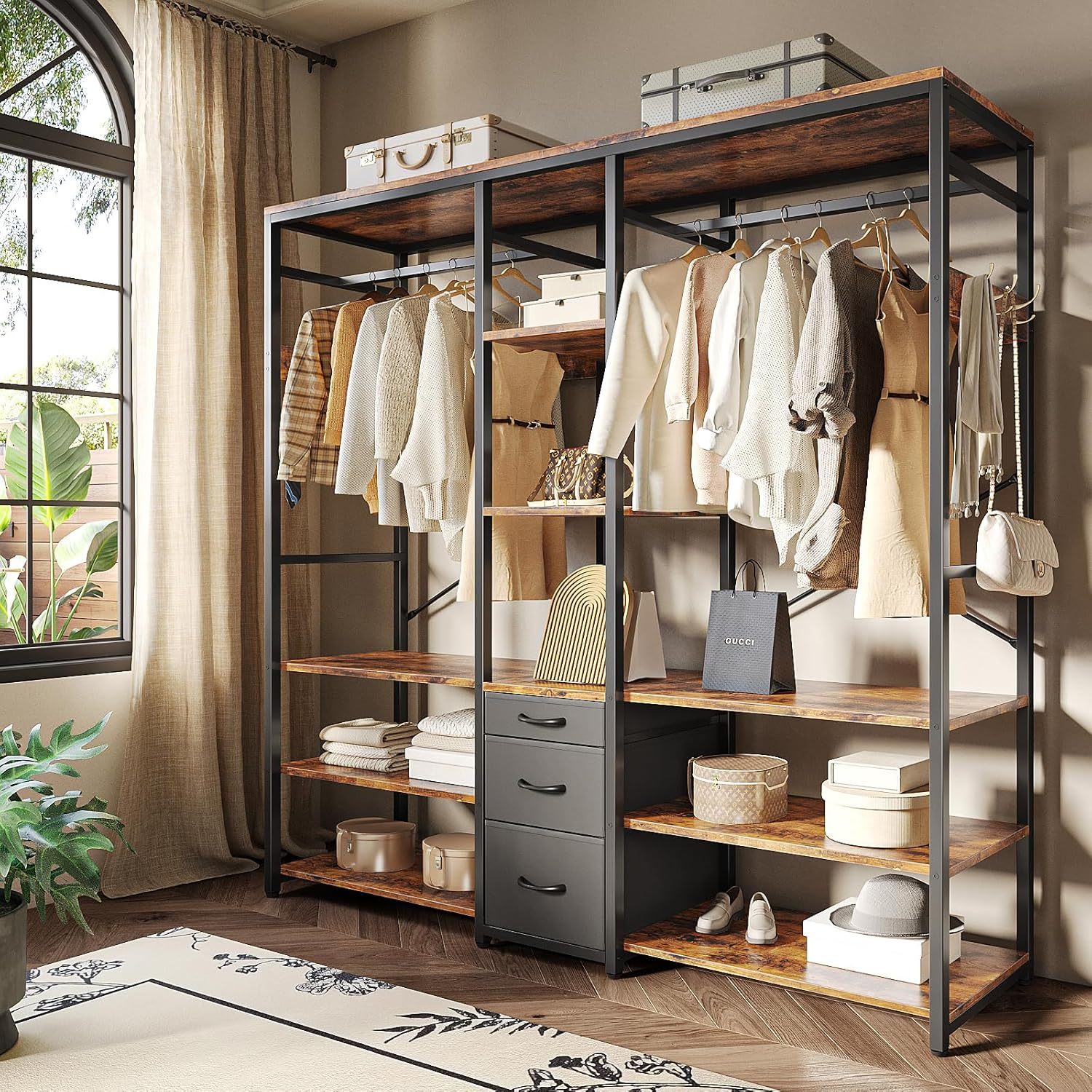 Simple Wisdom Closet Armables Para Ropa,Perchero Para Ropa Con 3 Cajones de Tela y Ganchos,Rack Para Ropa Con 8 Estantes Abiertos,Perchero Abierto Extra Grande,Closet Organizador de Ropa,183*200*40CM
