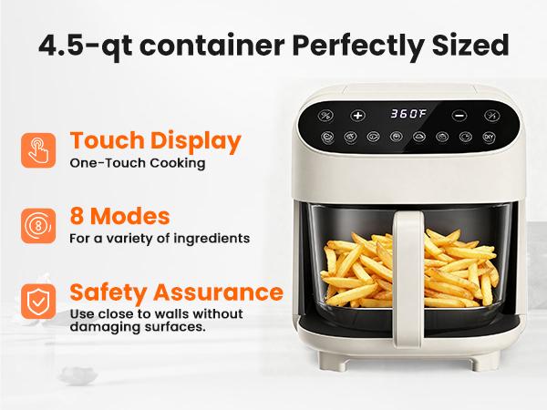 4.5 QT Glass Air Fryer - PFAS-Free & Dishwasher-Safe Basket, 8 Preset Touchscreen, 360&deg; View Cooking, for Healthy Meals in Minutes - White