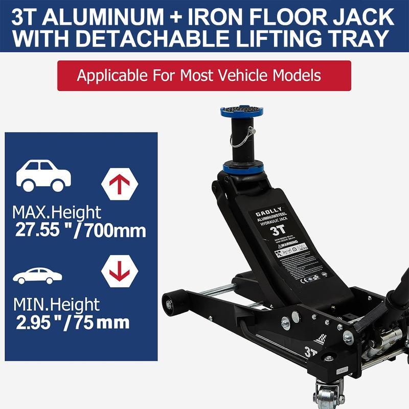 Gato hidráulico de piso de perfil bajo 3 toneladas – Levantamiento rápido, doble pistón, rango 8.5–50 cm, certificado GS, herramienta automotriz para reparación de coches-1001/HY