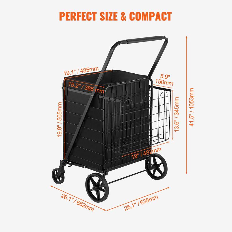 carrito de compras plegable con , forro impermeable extraíble, máximo 330 libras, gran capacidad, Jumbo, con cesta Dual, ruedas giratorias de 360 °, Base de malla de Metal denso, carro de utilidad resistente