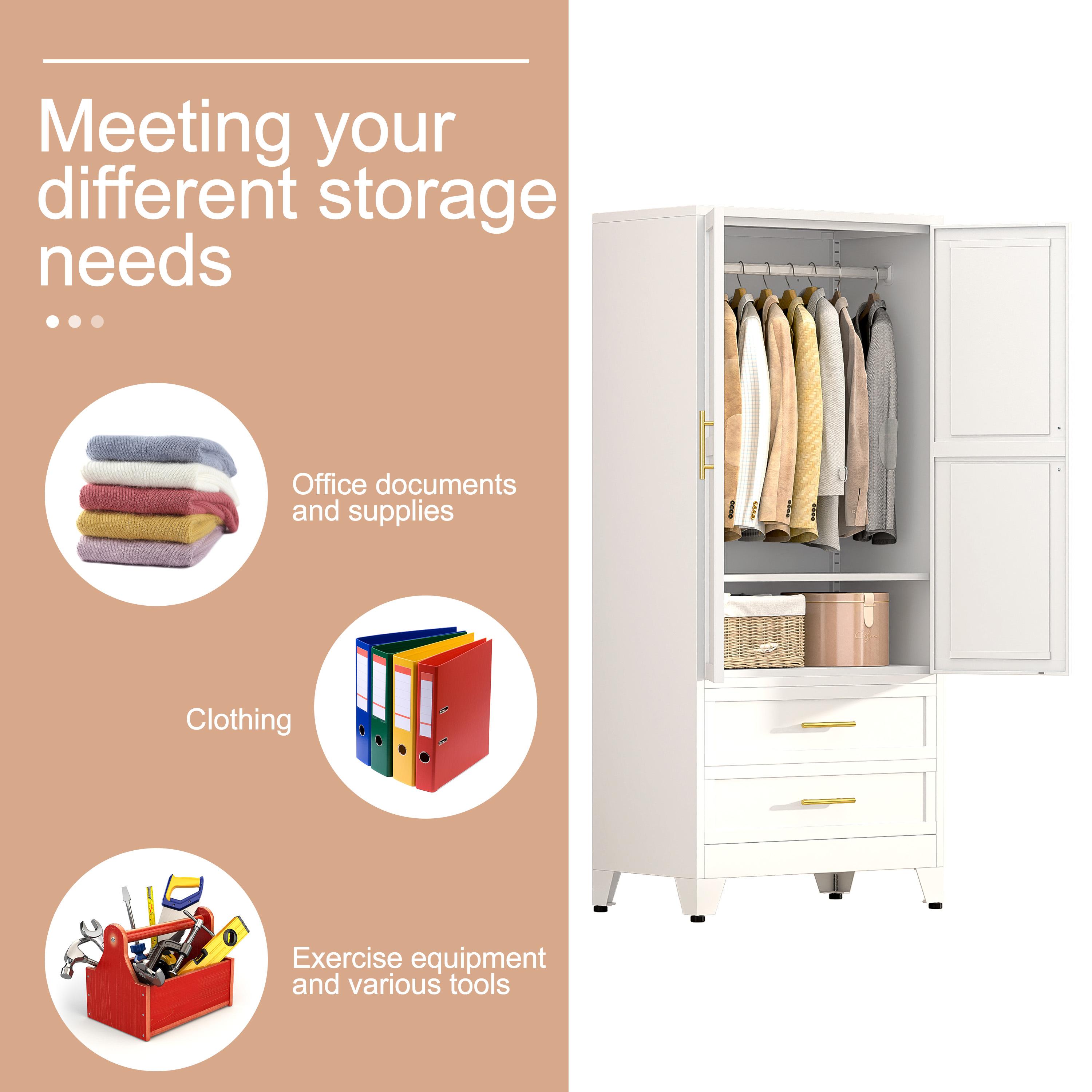 Metal Wardrobe Closet with 2 Doors & 2 Drawers, 71"" Tall Armoire Wardrobe Closet with Hanging Rods and Adjustable Shelf, Steel Wardrobe Storage Cabinet for Bedroom, Large mothersdaygift