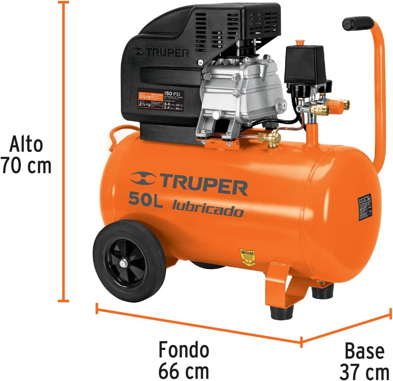 Truper COMP-KIT50, Kit compresor 50 L, 3-1/2 HP, manguera de PVC y pistola.