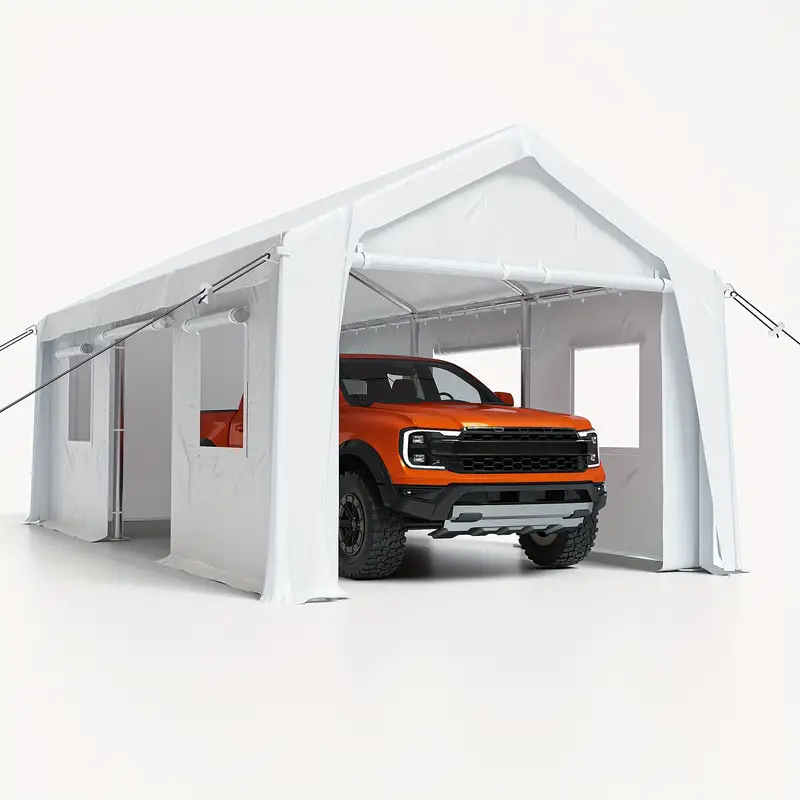 Carpa para autos de alta resistencia de 13'x20', toldo para autos con paredes laterales y puertas extraíbles, garaje portátil extragrande para autos con ventanas enrollables y lona para todas las estaciones, para autos, camionetas, SUV, gris