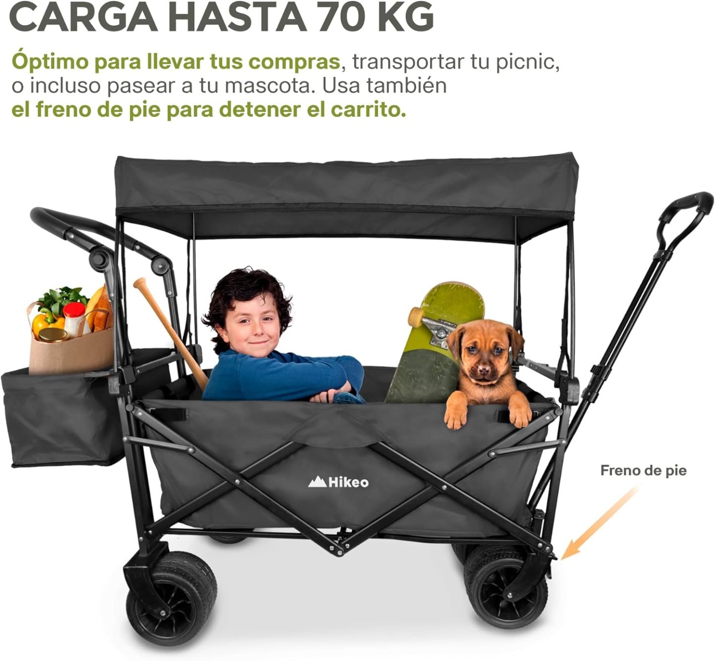 Hikeo Carrito Plegable Portátil y Carriola para Exteriores hasta 70 Kg, Ruedas 360° Todo Terreno con Freno, Incluye Toldo y Cesta de Tela, para Niños y Mascotas, Carretilla Wagon Vagón con Funda