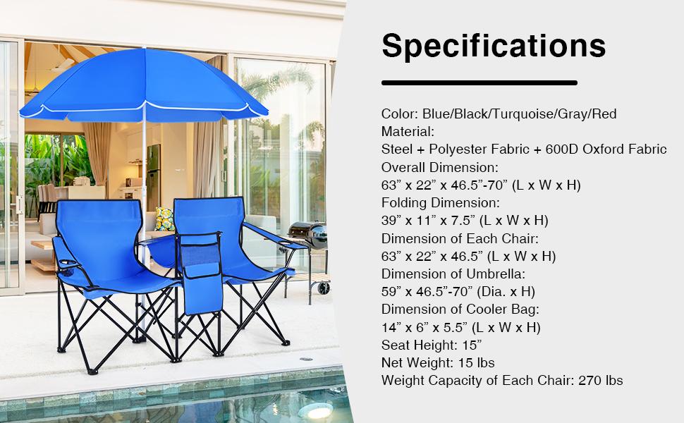 COSTWAY Double Portable Picnic Chairs, Folding Camping Chairs w/Detachable Umbrella, Cooler Bag, Cup Holders, Patio Beach Camping Chairs for Outdoors football baseball season