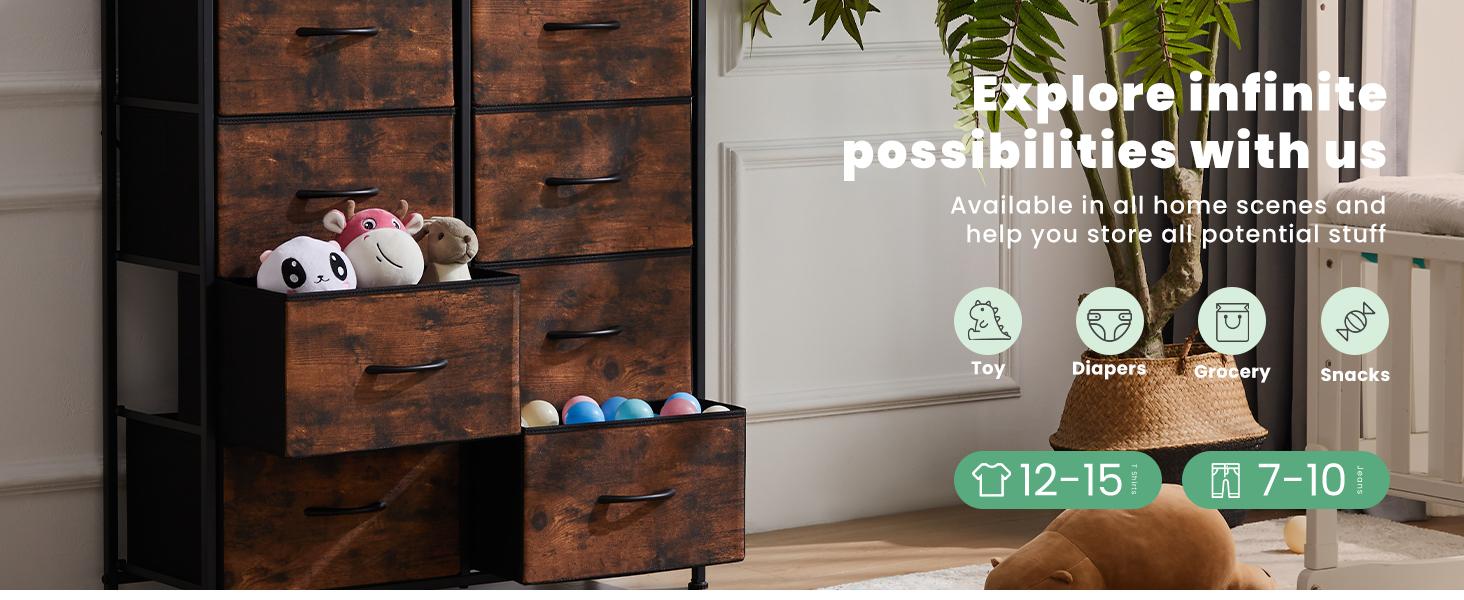 【Deal】Dresser for Bedroom Drawer Dresser Organizer Storage Drawers Fabric Storage Tower, Chest of Drawers with 8 Fabric Bins, Steel Frame, Wooden Top