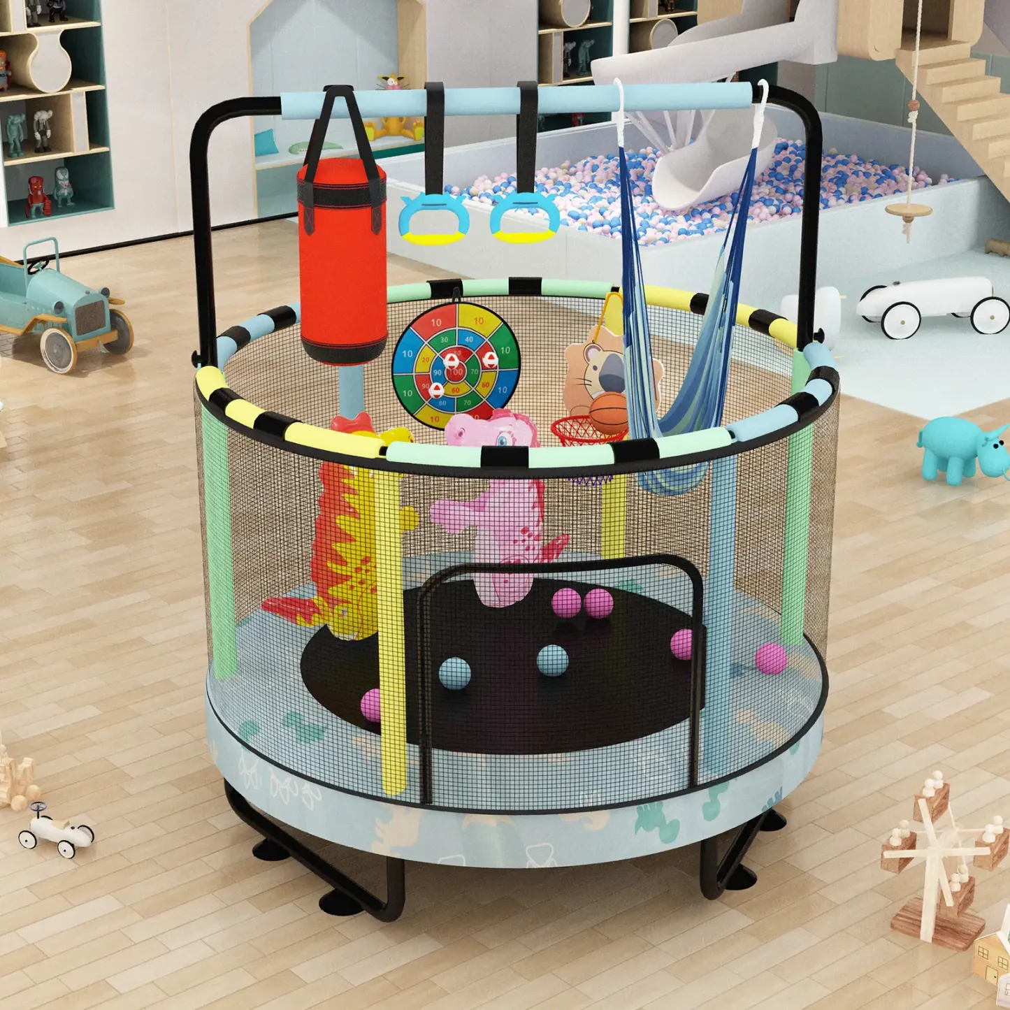 Mini Trampolín Redondo para Niños 7 en 1 – Juguetes Multifuncionales para Interior y Exterior con Aro de Baloncesto, Columpio, Anillos Colgantes, Pelotas de Océano, Bolsa de Arena, Dianas Inflables, Ideal como Regalo para Niños y Niñas, Seguro y Perfecto 