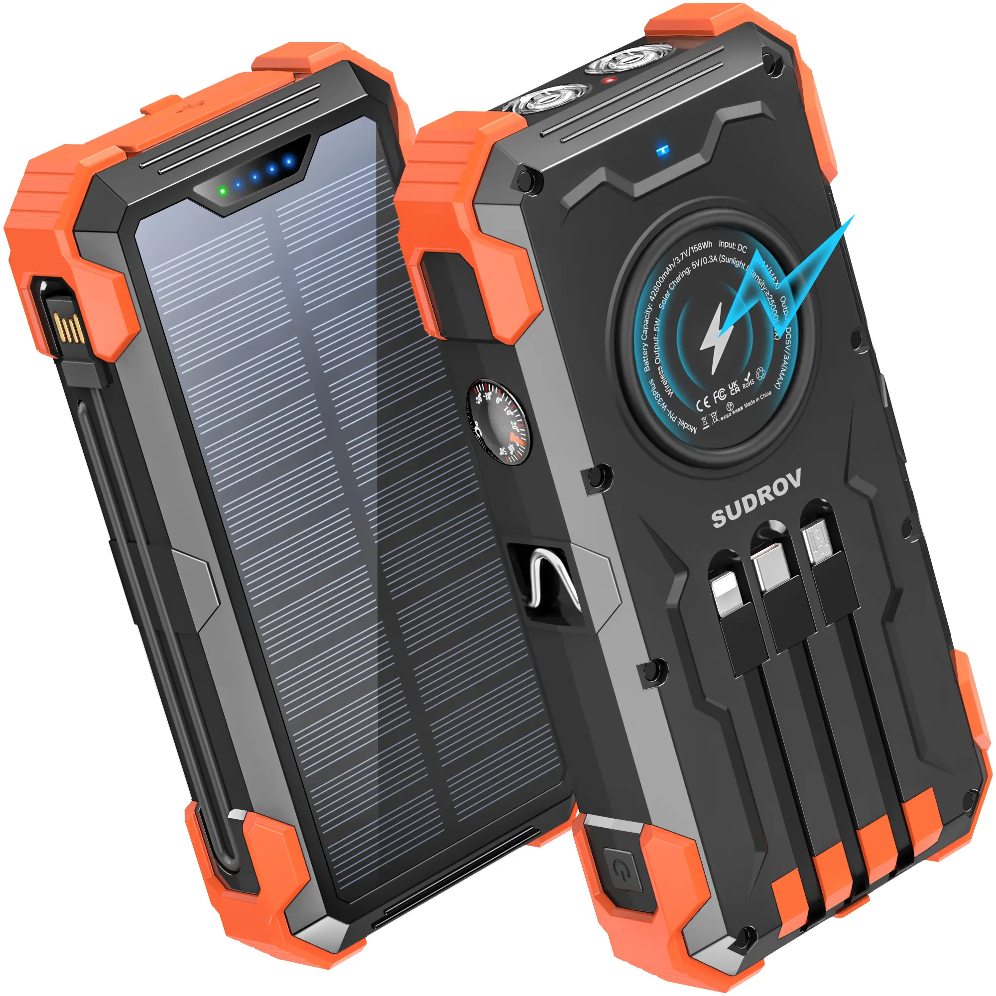 Sudrov Power Bank Solar 42800 mAh – Cargador Inalámbrico con 4 Cables Integrados, 7 Salidas, Carga Rápida de 15W, Compatible con Todos los Dispositivos Móviles, 3 Entradas, Linternas Dobles, Mosquetón y Termómetro