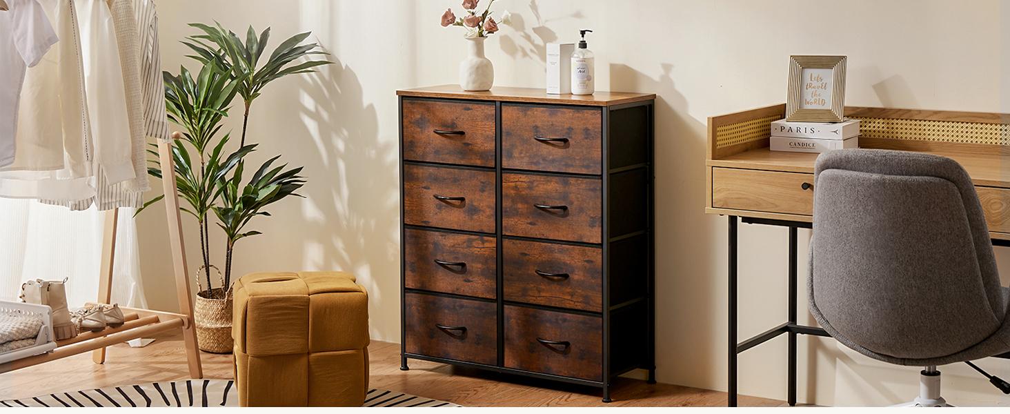 【Deal】Dresser for Bedroom Drawer Dresser Organizer Storage Drawers Fabric Storage Tower, Chest of Drawers with 8 Fabric Bins, Steel Frame, Wooden Top