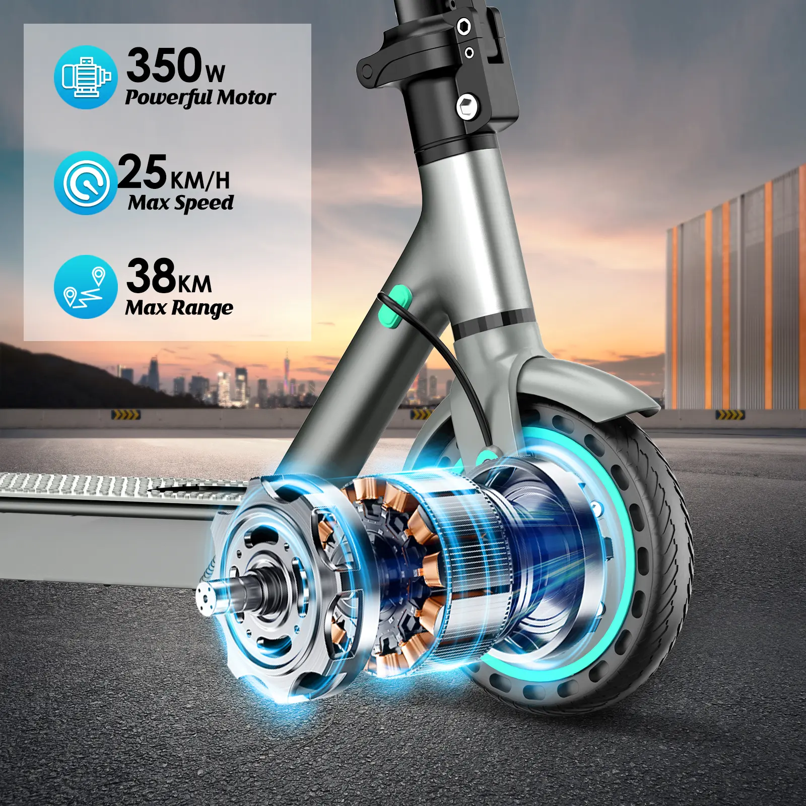 Patinete eléctrico potente de 350 W para adultos (2026), largo alcance (19-22 km), velocidad máxima (30 km/h), divertido patinete deportivo ajustable de 3 velocidades, batería de 36 V y 7,8 Ah, portátil, plegable, con control por aplicación.