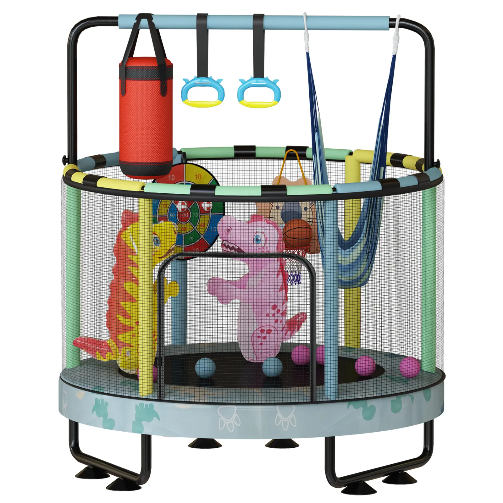 Mini Trampolín Redondo para Niños 7 en 1 – Juguetes Multifuncionales para Interior y Exterior con Aro de Baloncesto, Columpio, Anillos Colgantes, Pelotas de Océano, Bolsa de Arena, Dianas Inflables, Ideal como Regalo para Niños y Niñas, Seguro y Perfecto 