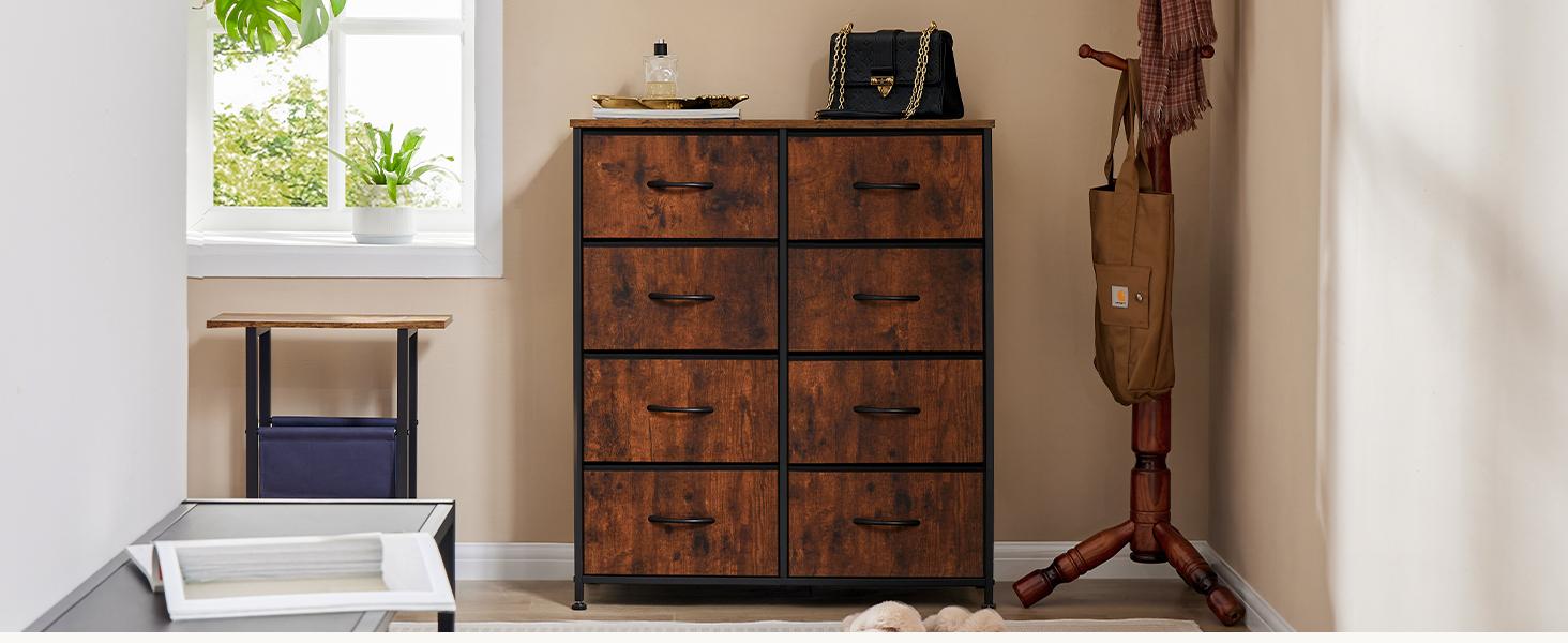 【Deal】Dresser for Bedroom Drawer Dresser Organizer Storage Drawers Fabric Storage Tower, Chest of Drawers with 8 Fabric Bins, Steel Frame, Wooden Top