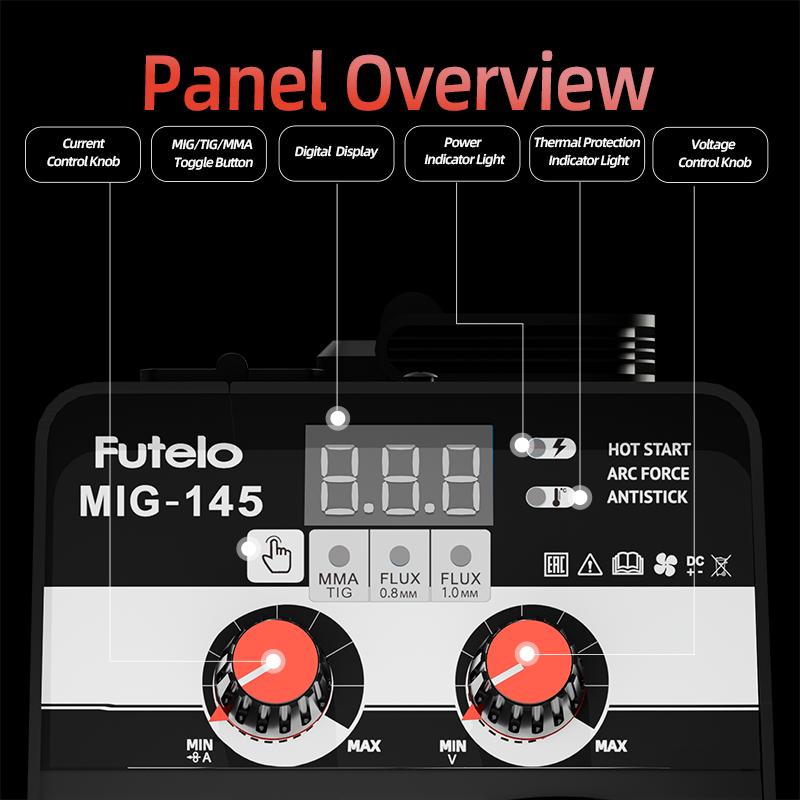 FUTELO MIG-145 145A 110V Flux Core MIG Welder Machine, Gasless MIG/Stick/Lift TIG 3-in-1 Welding Machine Portable Synergic Control IGBT Inverter