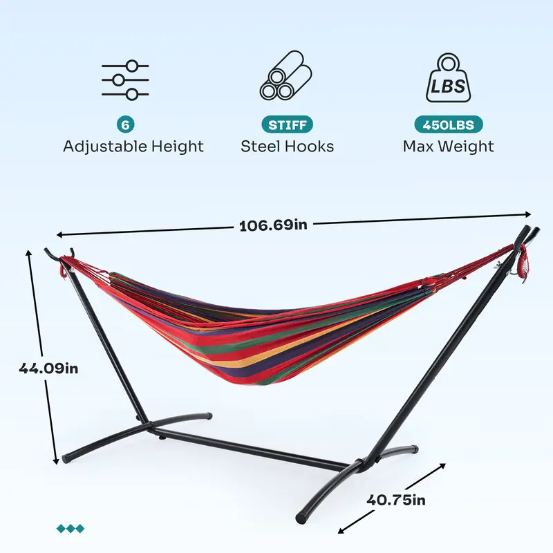 Hamaca doble con soporte de acero que ahorra espacio, hamaca resistente para 2 personas, capacidad de 204 kg para jardín exterior, con bolsa de transporte portátil.