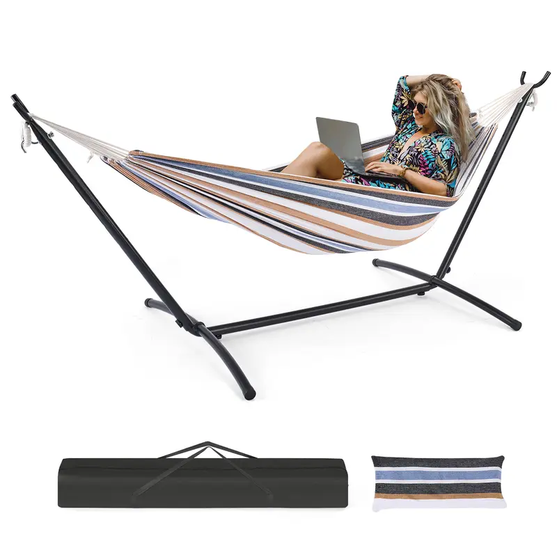 Hamaca doble con soporte de acero que ahorra espacio, hamaca resistente para 2 personas, capacidad de 204 kg para jardín exterior, con bolsa de transporte portátil.