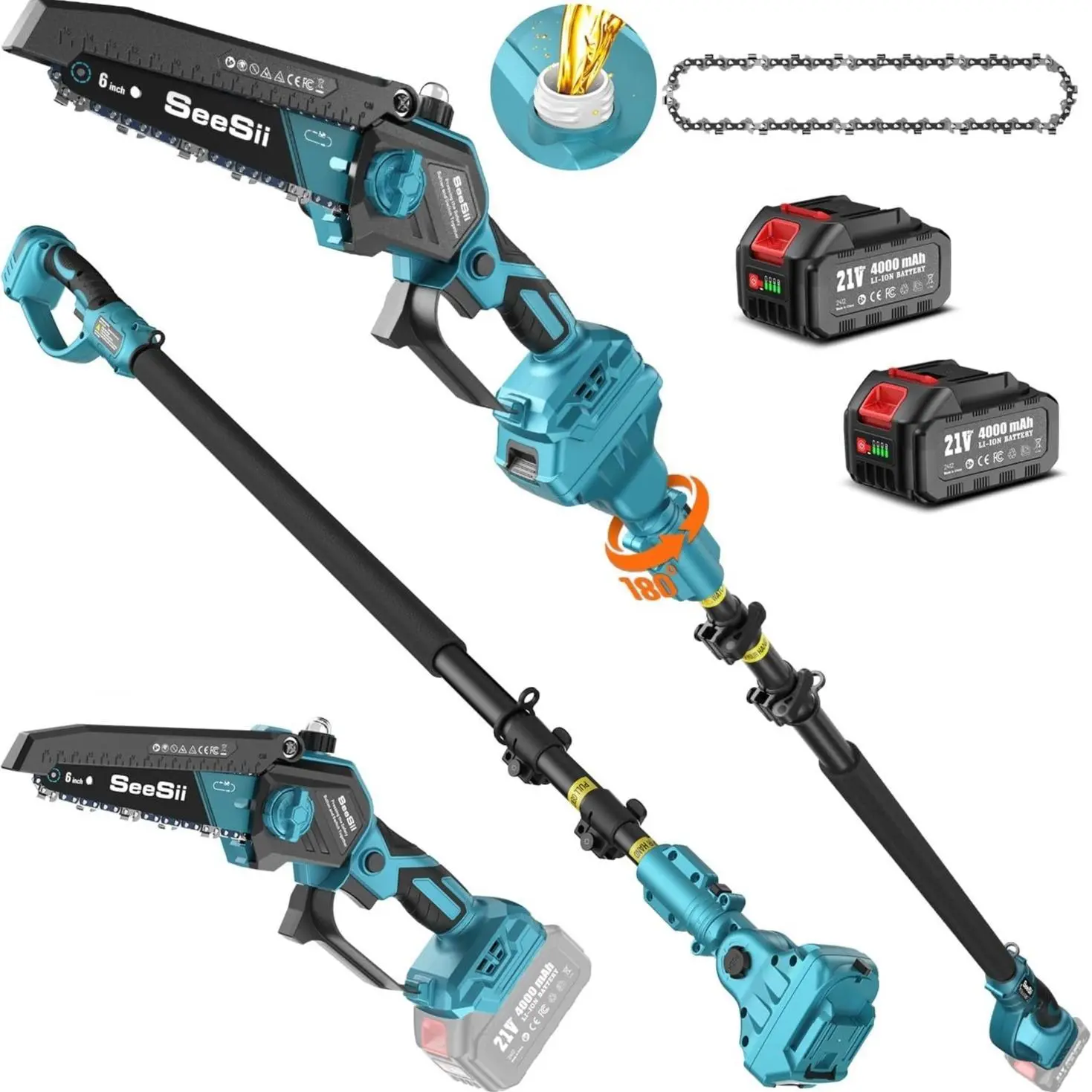 SeeSii 2 in 1 Cordless Pole Saw & Mini Chainsaw with 2 Batteries, Powe