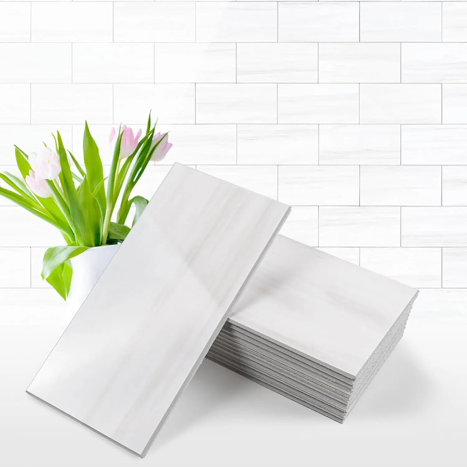 Vamos Tile 100Pcs Water Proof Glossy White Peel and Stick Backsplash,3''x6'' PVC Subway Tile, Stick on Backsplash for Kitchen/Bathroom Decoration Stickers Decorative Ornaments