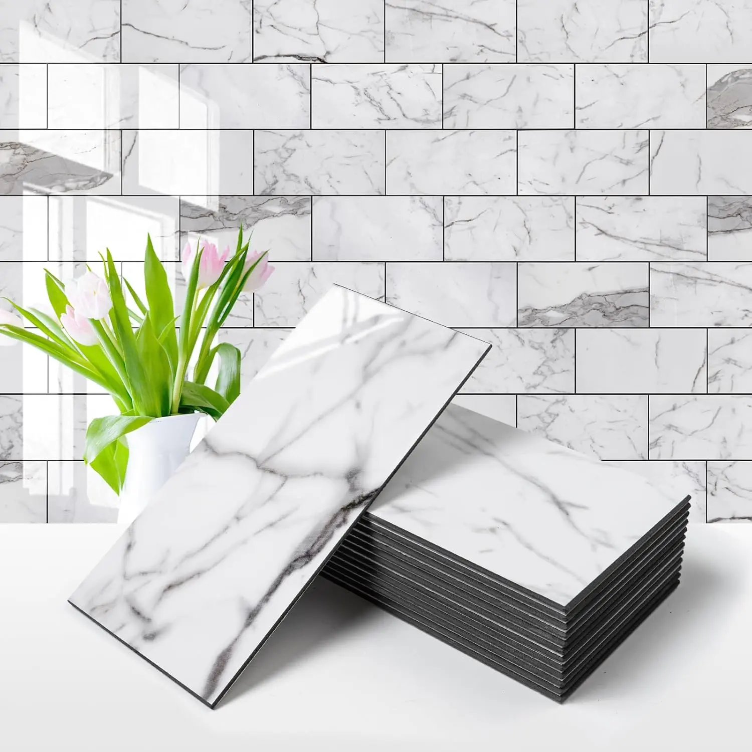 Vamos Tile 100Pcs Water Proof Glossy White Peel and Stick Backsplash,3''x6'' PVC Subway Tile, Stick on Backsplash for Kitchen/Bathroom Decoration Stickers Decorative Ornaments