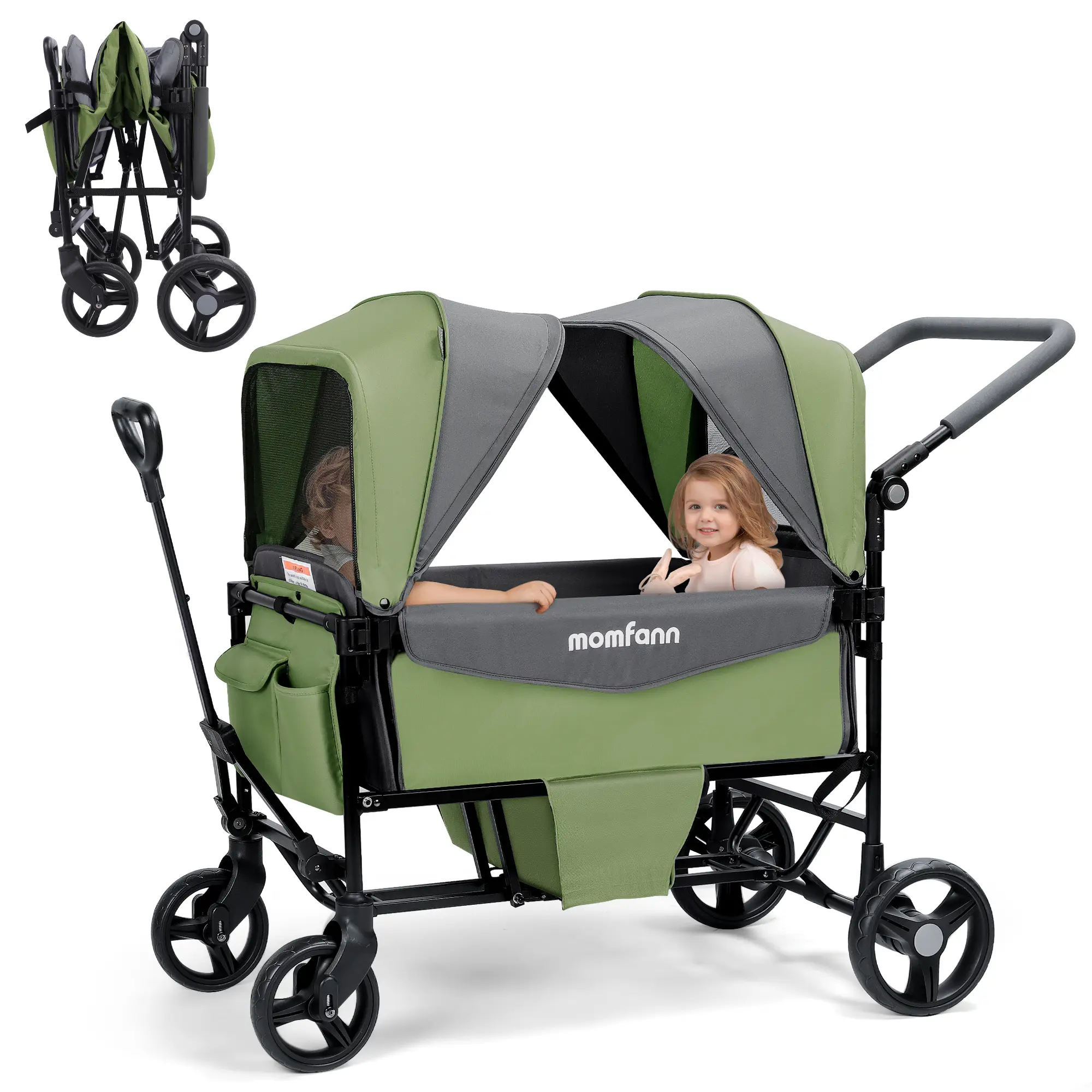 Cochecito de bebé todoterreno de 2 plazas con capota, organizador para padres, asa ajustable y barra de tracción para bebés y niños pequeños.