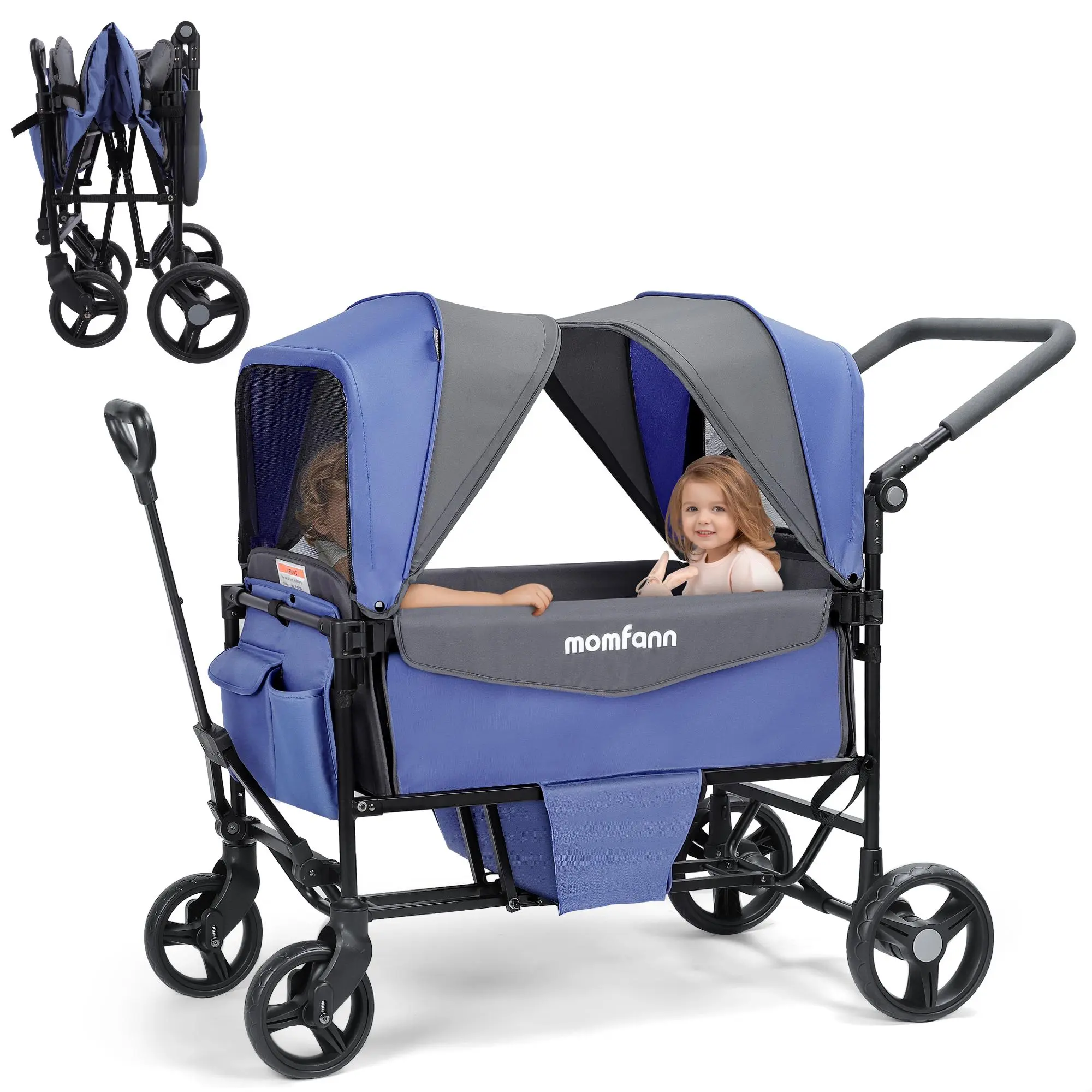 Cochecito de bebé todoterreno de 2 plazas con capota, organizador para padres, asa ajustable y barra de tracción para bebés y niños pequeños.