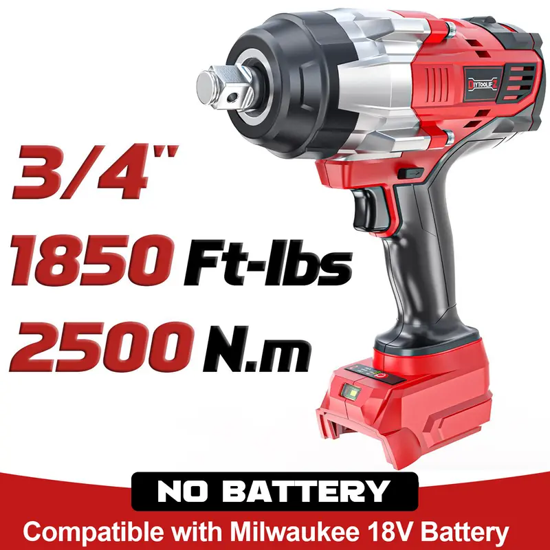 Llave de impacto de 1850 ft-lbs (2500 Nm) y 3/4" compatible con batería Milwaukee de 18 V (¡sin batería!), pistola de impacto sin escobillas, 4 velocidades con parada automática y reversa para auto/camión.