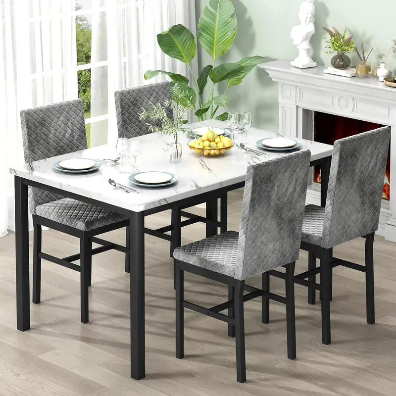 Juego de mesa de comedor de imitación de mármol para 4 personas con 4 sillas tapizadas de terciopelo, mesa de 120 x 69 cm, altura de la silla de 90 cm, muebles ergonómicos modernos para el hogar, silla de comedor para exteriores