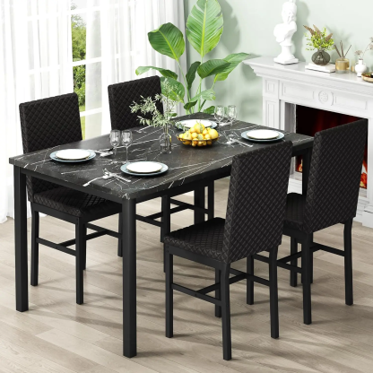 Juego de mesa de comedor de imitación de mármol para 4 personas con 4 sillas tapizadas de terciopelo, mesa de 120 x 69 cm, altura de la silla de 90 cm, muebles ergonómicos modernos para el hogar, silla de comedor para exteriores