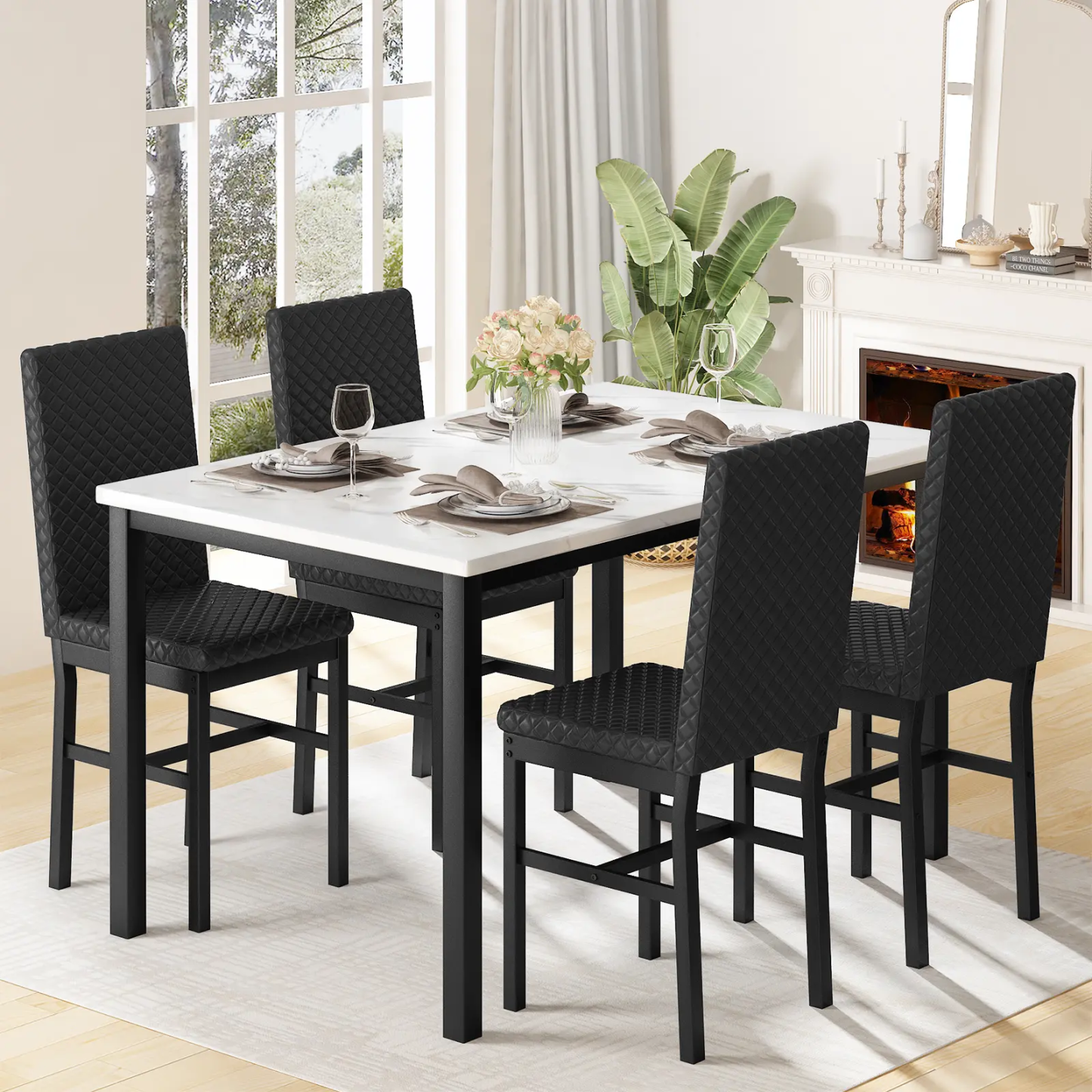 Juego de mesa de comedor de imitación de mármol para 4 personas con 4 sillas tapizadas de terciopelo, mesa de 120 x 69 cm, altura de la silla de 90 cm, muebles ergonómicos modernos para el hogar, silla de comedor para exteriores