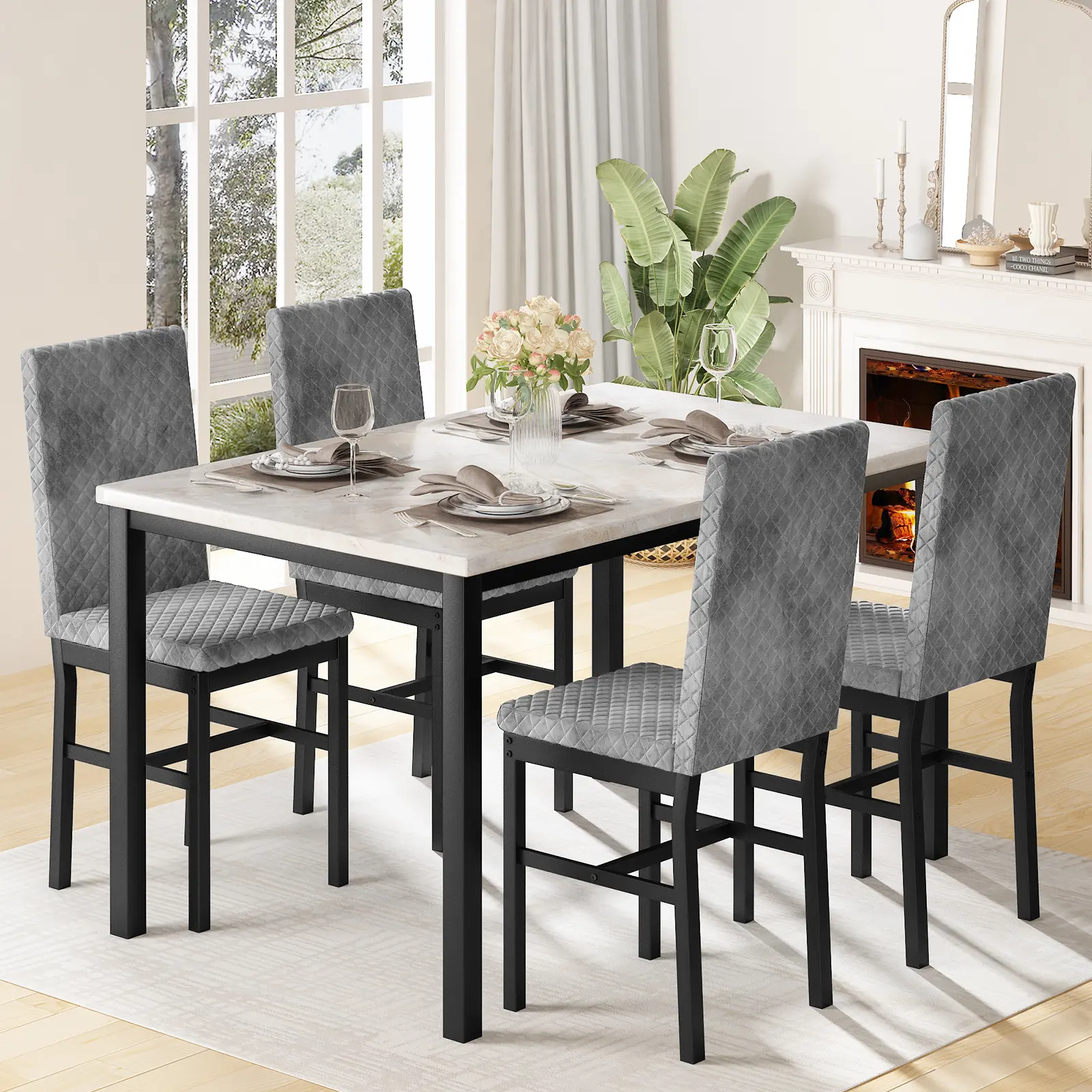 Juego de mesa de comedor de imitación de mármol para 4 personas con 4 sillas tapizadas de terciopelo, mesa de 120 x 69 cm, altura de la silla de 90 cm, muebles ergonómicos modernos para el hogar, silla de comedor para exteriores