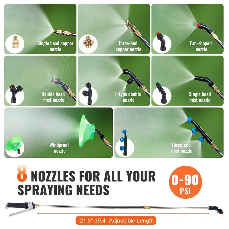 Pulverizador portátil de mochila a batería, presión ajustable de 0 a 90 PSI, tanque de 4 galones, 8 boquillas y 2 varillas, batería de 12 V y 8 Ah, tapa ancha para desmalezar, pulverizar y limpiar.