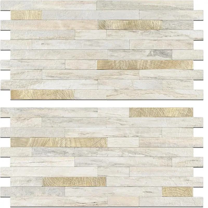 20 Láminas de Azulejos Adhesivos para Salpicaderos — Pegatinas para Azulejos y Revestimientos Autoadhesivos para Cocinas y Baños — Diseño Blanco Volakas con Detalles Metálicos Plateados (PVC)