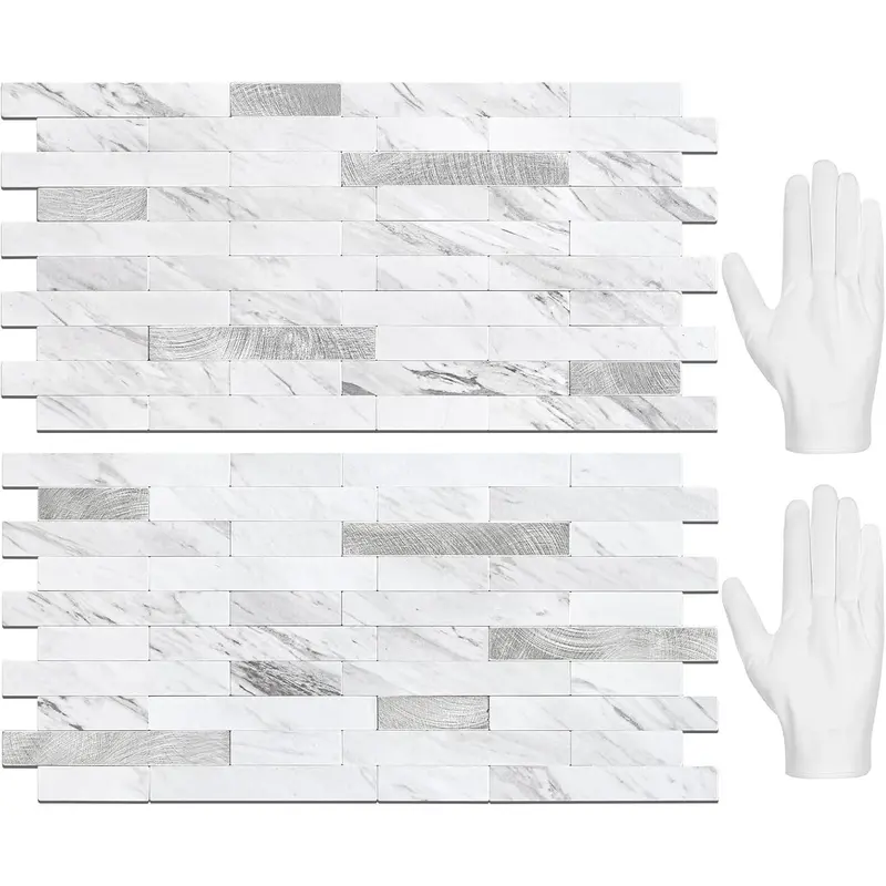 20 Láminas de Azulejos Adhesivos para Salpicaderos — Pegatinas para Azulejos y Revestimientos Autoadhesivos para Cocinas y Baños — Diseño Blanco Volakas con Detalles Metálicos Plateados (PVC)
