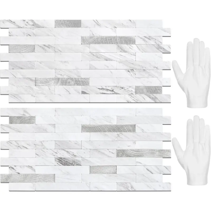 20 Láminas de Azulejos Adhesivos para Salpicaderos — Pegatinas para Azulejos y Revestimientos Autoadhesivos para Cocinas y Baños — Diseño Blanco Volakas con Detalles Metálicos Plateados (PVC)
