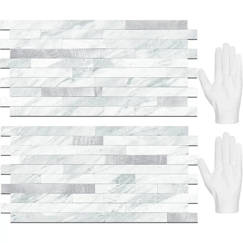 20 Láminas de Azulejos Adhesivos para Salpicaderos — Pegatinas para Azulejos y Revestimientos Autoadhesivos para Cocinas y Baños — Diseño Blanco Volakas con Detalles Metálicos Plateados (PVC)
