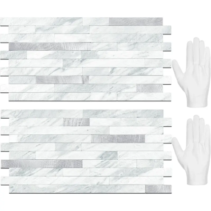 20 Láminas de Azulejos Adhesivos para Salpicaderos — Pegatinas para Azulejos y Revestimientos Autoadhesivos para Cocinas y Baños — Diseño Blanco Volakas con Detalles Metálicos Plateados (PVC)