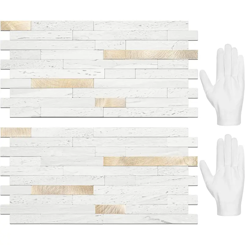 20 Láminas de Azulejos Adhesivos para Salpicaderos — Pegatinas para Azulejos y Revestimientos Autoadhesivos para Cocinas y Baños — Diseño Blanco Volakas con Detalles Metálicos Plateados (PVC)