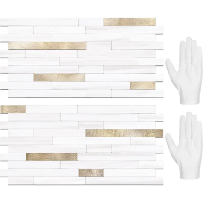 20 Láminas de Azulejos Adhesivos para Salpicaderos — Pegatinas para Azulejos y Revestimientos Autoadhesivos para Cocinas y Baños — Diseño Blanco Volakas con Detalles Metálicos Plateados (PVC)