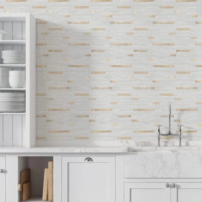 20 Láminas de Azulejos Adhesivos para Salpicaderos — Pegatinas para Azulejos y Revestimientos Autoadhesivos para Cocinas y Baños — Diseño Blanco Volakas con Detalles Metálicos Plateados (PVC)