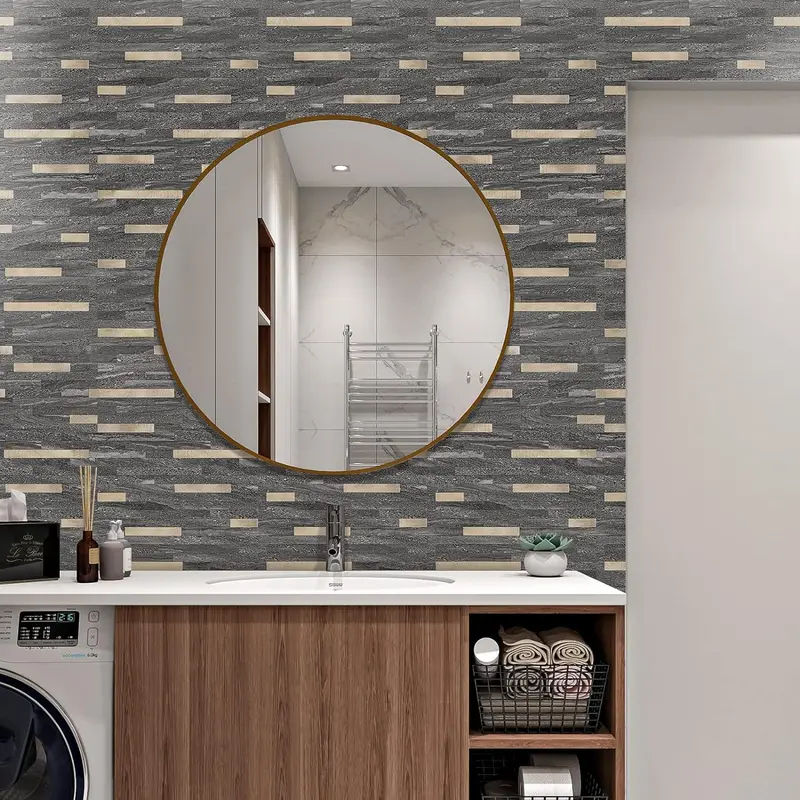 20 Láminas de Azulejos Adhesivos para Salpicaderos — Pegatinas para Azulejos y Revestimientos Autoadhesivos para Cocinas y Baños — Diseño Blanco Volakas con Detalles Metálicos Plateados (PVC)