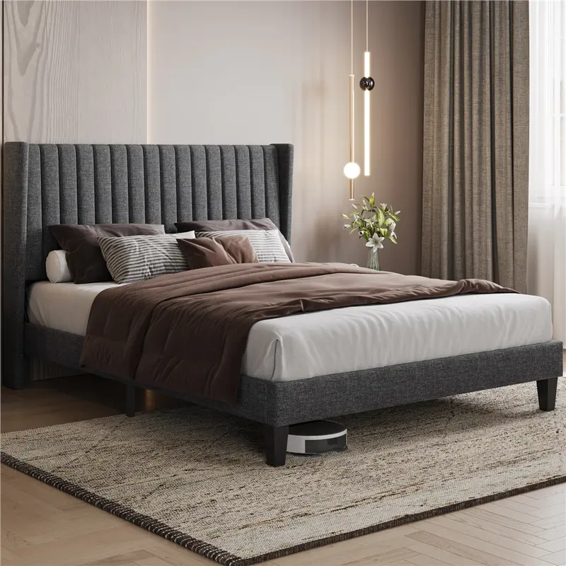 Yaheetech Linen Fabric /Velvet Upholstered Bed Frame Full/Queen/King with Wooden Slat Support, No Box Spring Needed, Durable Construction, Easy Assembly Furniture Bedroom Beige Headboard