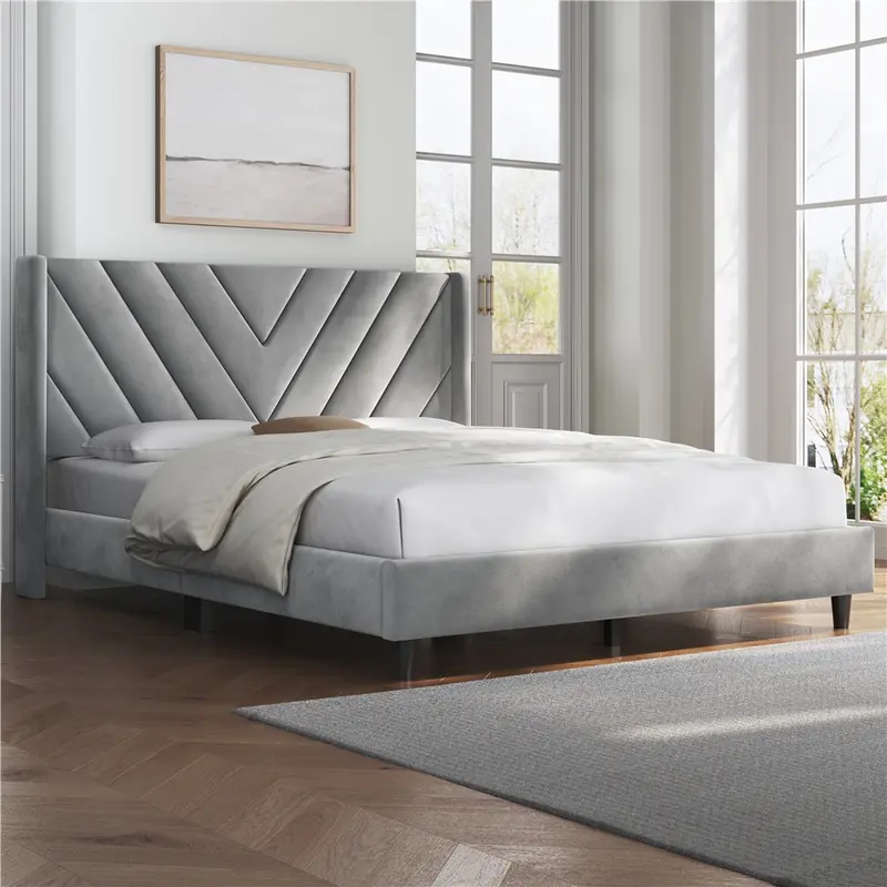 Yaheetech Linen Fabric /Velvet Upholstered Bed Frame Full/Queen/King with Wooden Slat Support, No Box Spring Needed, Durable Construction, Easy Assembly Furniture Bedroom Beige Headboard