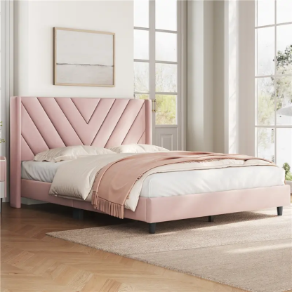 Yaheetech Linen Fabric /Velvet Upholstered Bed Frame Full/Queen/King with Wooden Slat Support, No Box Spring Needed, Durable Construction, Easy Assembly Furniture Bedroom Beige Headboard