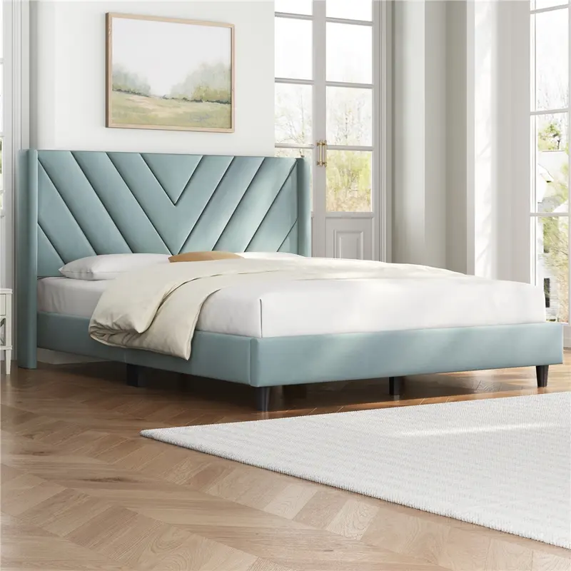 Yaheetech Linen Fabric /Velvet Upholstered Bed Frame Full/Queen/King with Wooden Slat Support, No Box Spring Needed, Durable Construction, Easy Assembly Furniture Bedroom Beige Headboard