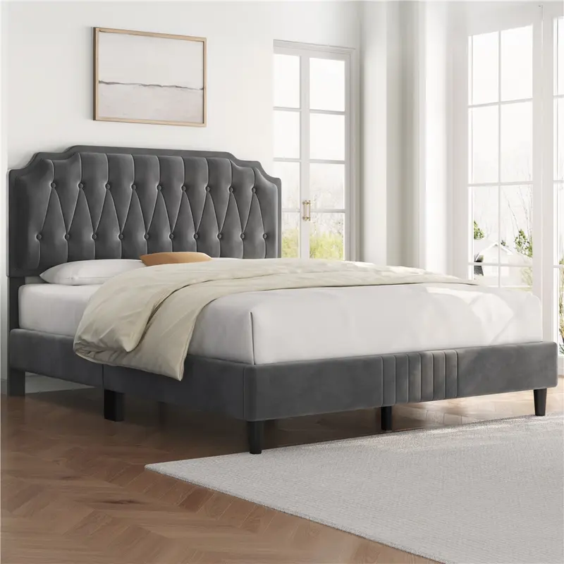 Yaheetech Linen Fabric /Velvet Upholstered Bed Frame Full/Queen/King with Wooden Slat Support, No Box Spring Needed, Durable Construction, Easy Assembly Furniture Bedroom Beige Headboard